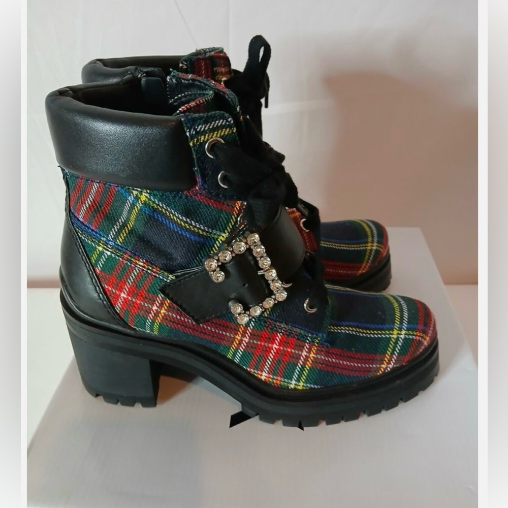 EUC GB plaid boots with crystal buckle